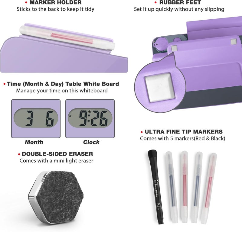 TOWON Small Glass Desk Whiteboard Dry-Erase Board with Clock, Small Travel Clock Keychain with Desk Notepad, Time Table Whiteboard for Desk Digital LED Light Display, 8x6 in with Accessories, Purple - Image 3